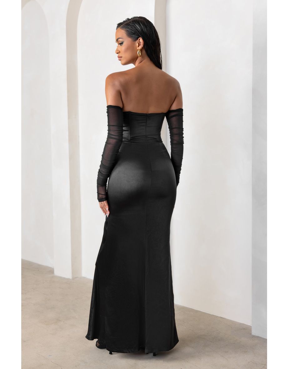 My Prize | Black Satin Bardot Mesh Long Sleeves Maxi Dress With Thigh Split - 3