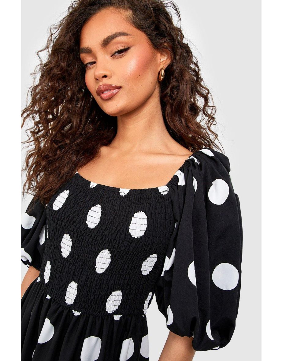 Polka Dot Extreme Puff Sleeve Shirred Maxi Dress - black - 3