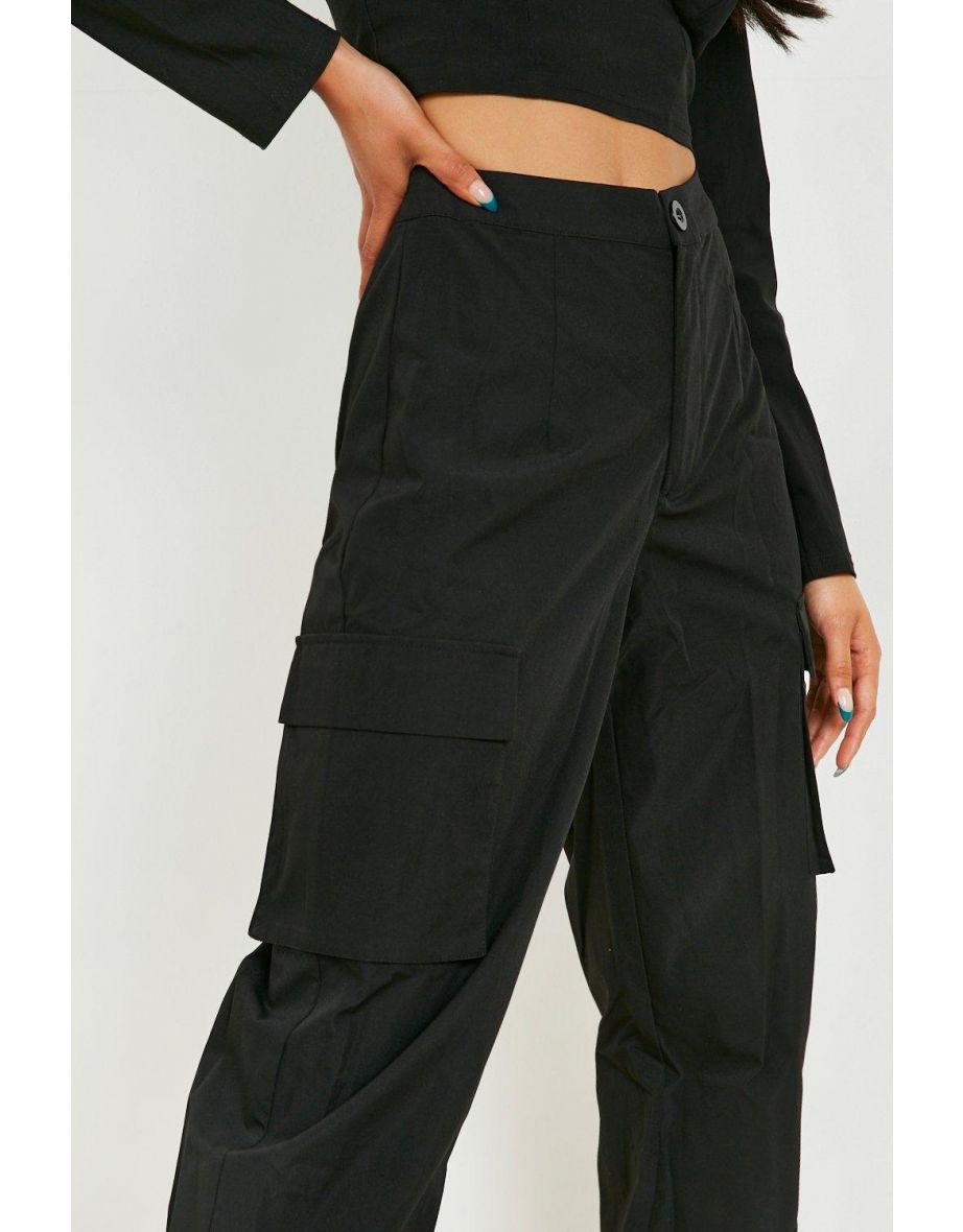 Petite Cuff Hem High Waist Cargo Trouser - black - 3