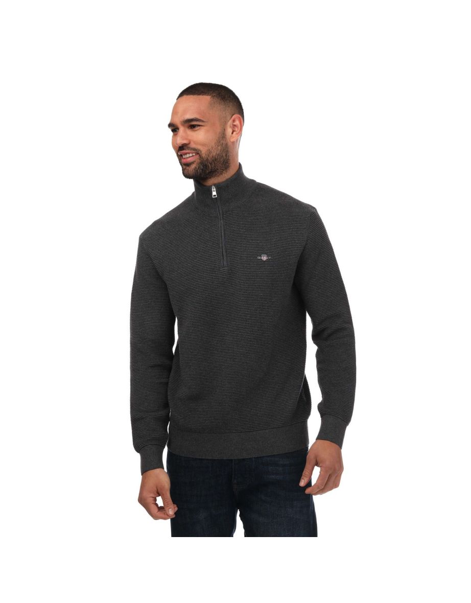 Men's Gant Textured Cotton Half-Zip Jumper in Grey
