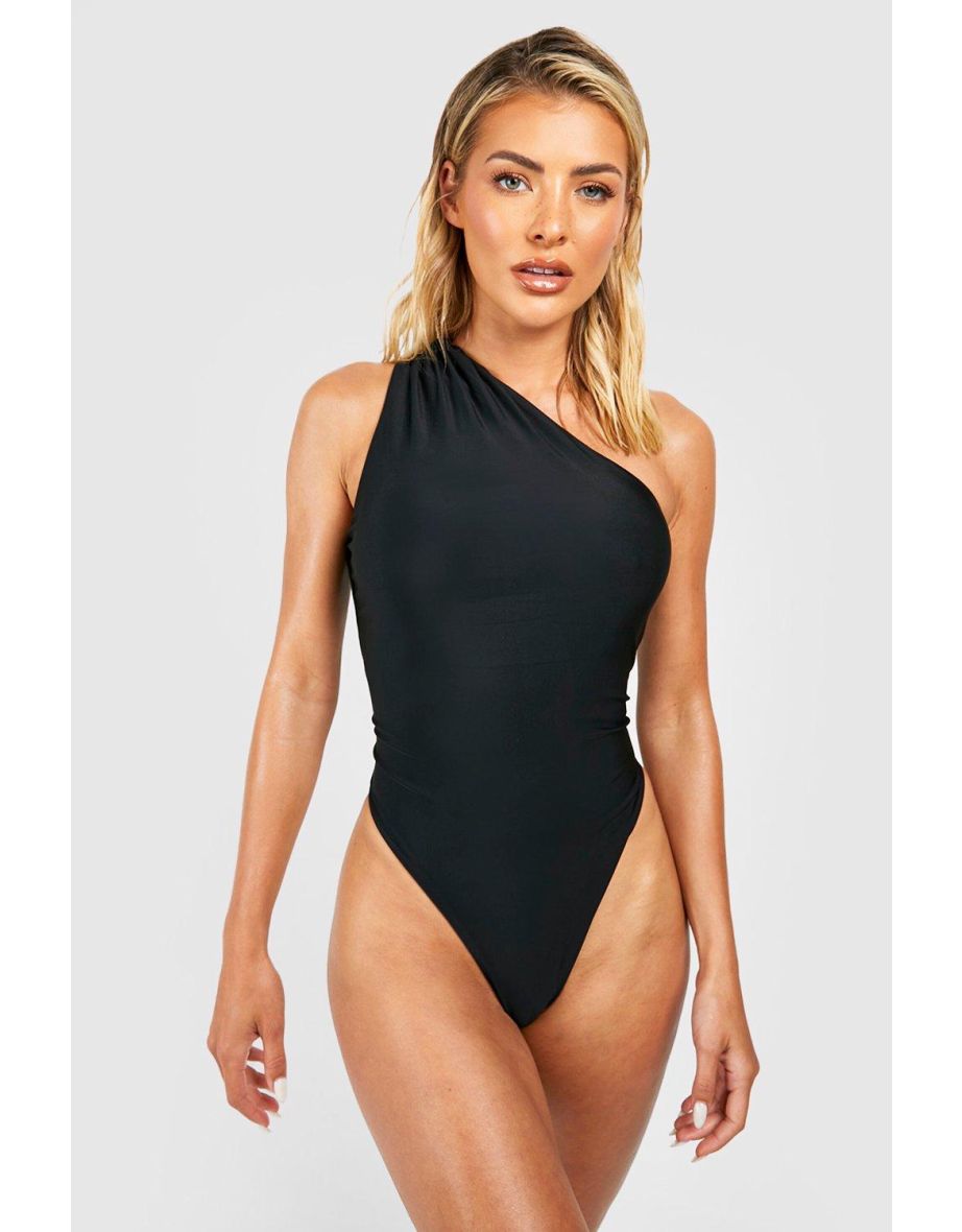 Ruched One Shoulder Swimsuit - black