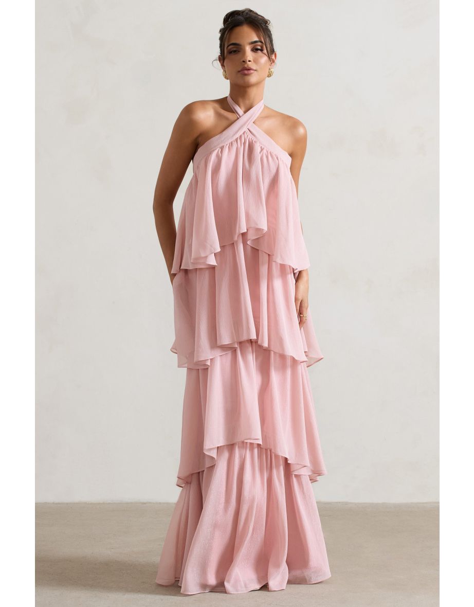 Kassiah | Light Pink Halter-Neck Ruffle Floor Dress