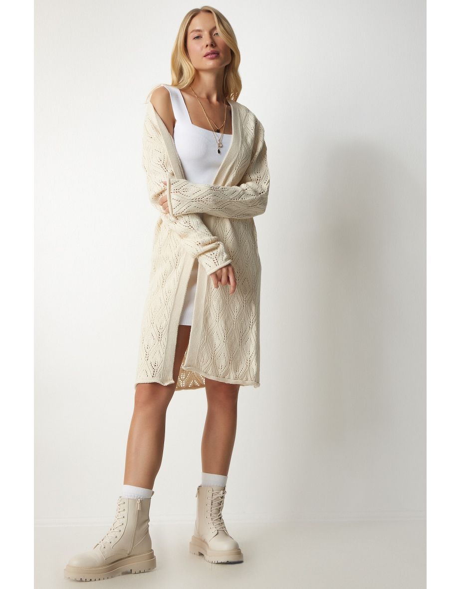 Women's Cream Openwork Long Knitwear Cardigan