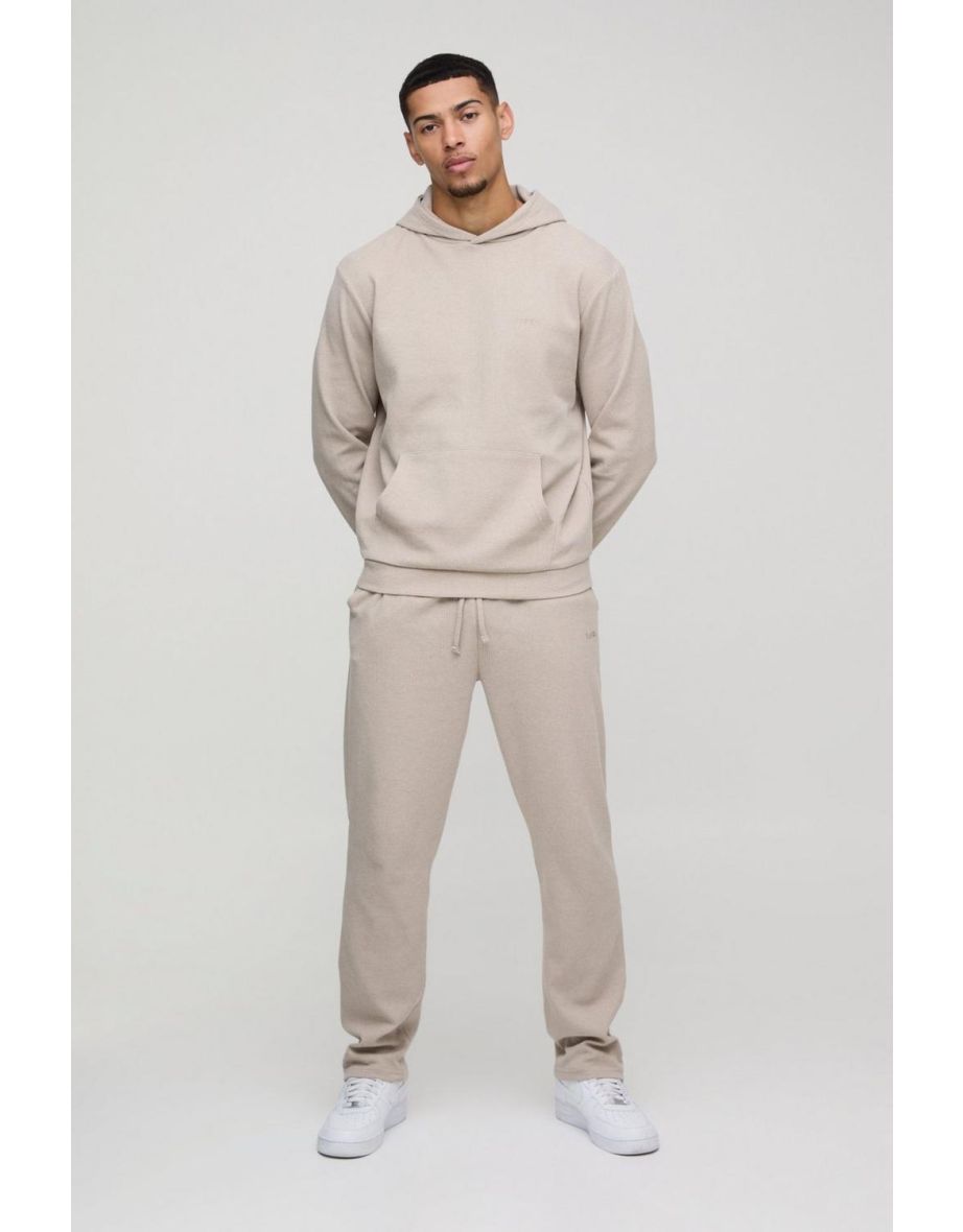Man Embroidered Waffle Hooded Tracksuit - oatmeal