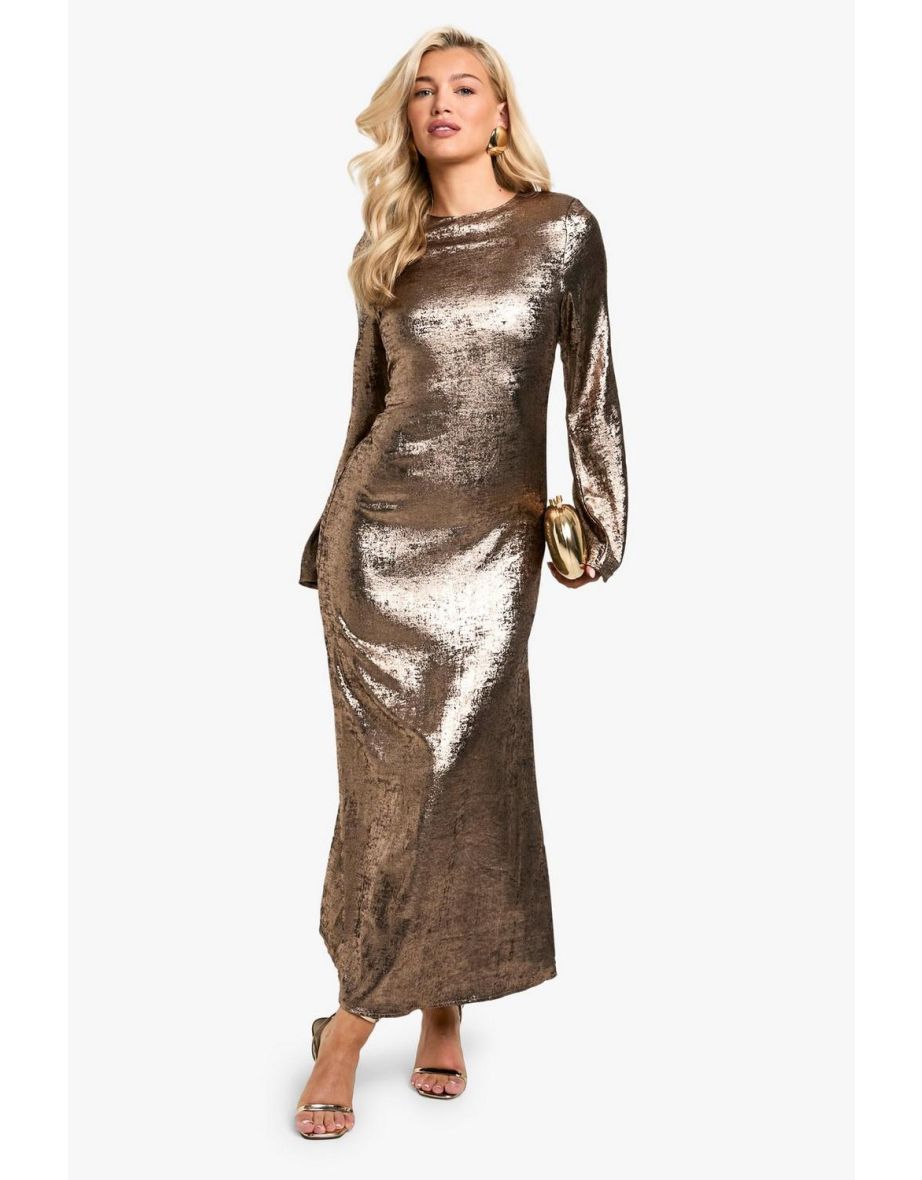 Metallic Shoulder Pad Side Split Midaxi Dress - bronze