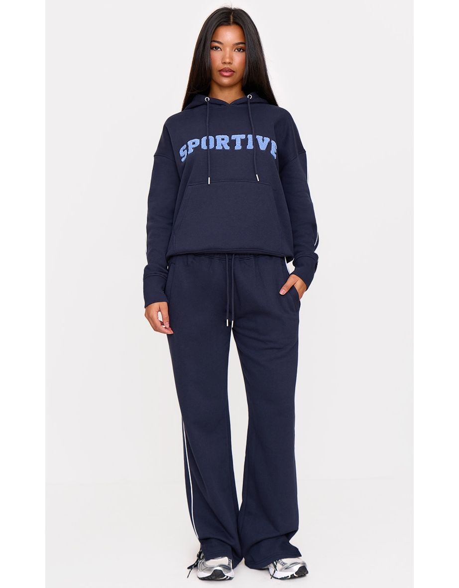 Navy Side Stripe Zip Up Hem Wide Leg Joggers