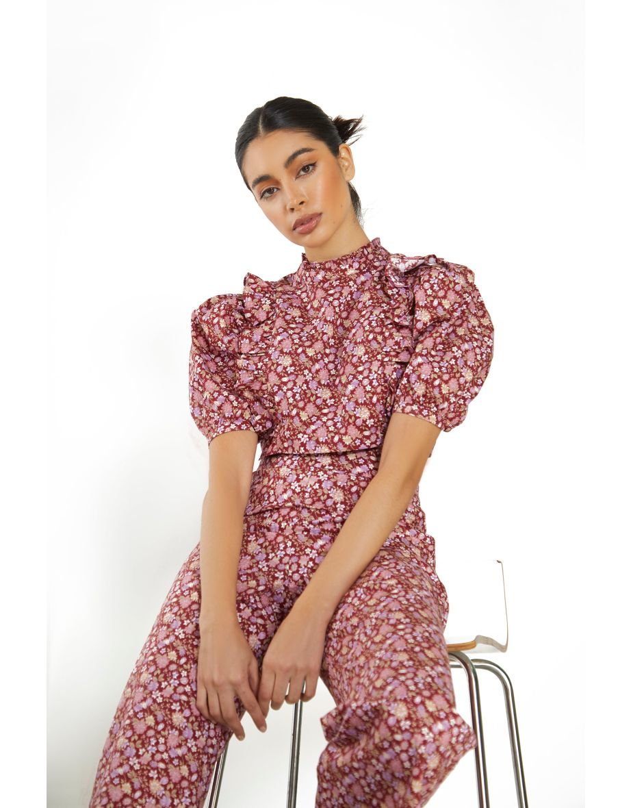 Glamorous Burgundy Chintz Floral High Waisted Trousers - 2