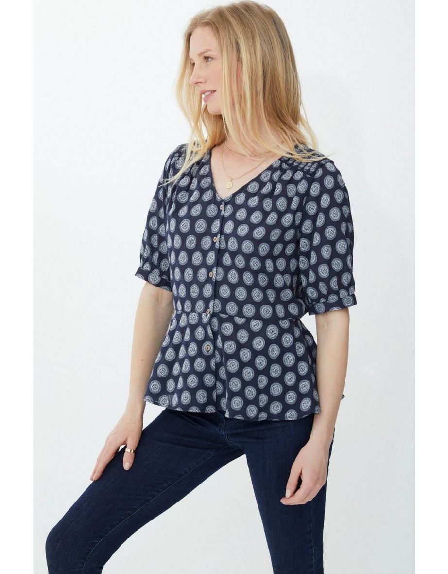 Circle Jacquard Button Through Top - navy