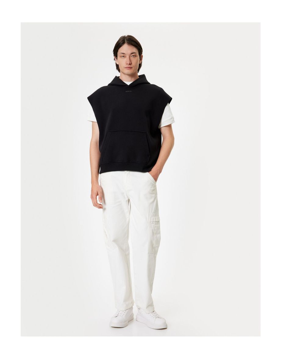Oversize Sleeveless Kangaroo Pocket Printed Cotton Hoodie