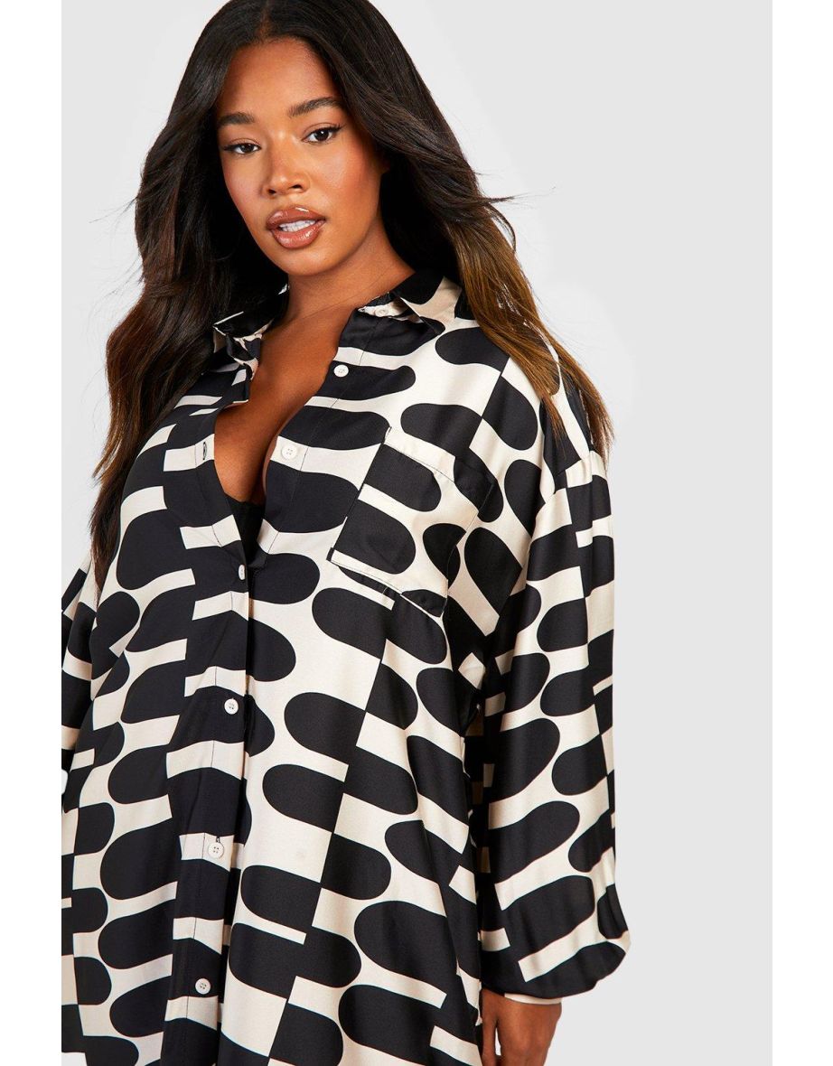 Plus Printed Oversized Shirt Dress - black - 3