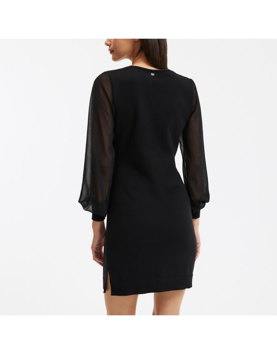 Dual Fabric Mini Dress with Long Sleeves - 3
