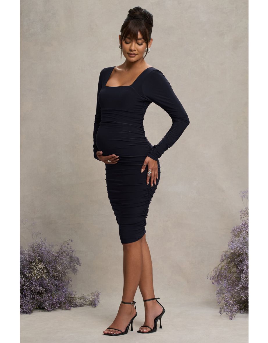 New Life | Navy Maternity Square Neck Ruched Midi Dress - 5