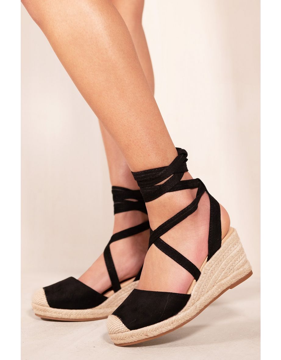 JUNIPER LOW WEDGE ESPADRILLE SANDALS WITH LACE UP DETAIL IN BLACK