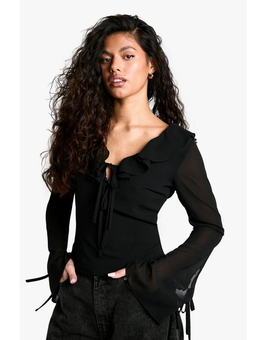 Chiffon Ruffle Tie Front Blouse - black