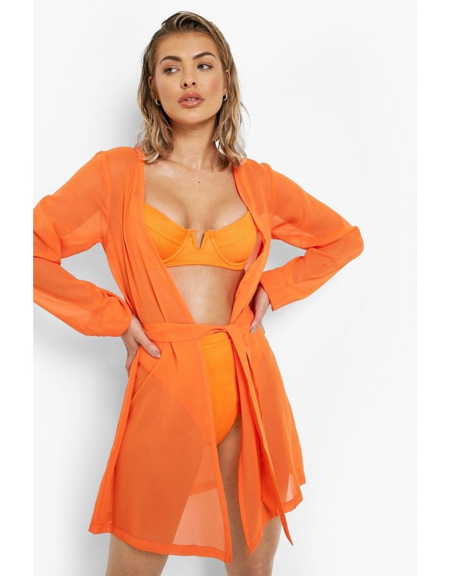 Chiffon Belted Beach Kimono - orange - 3