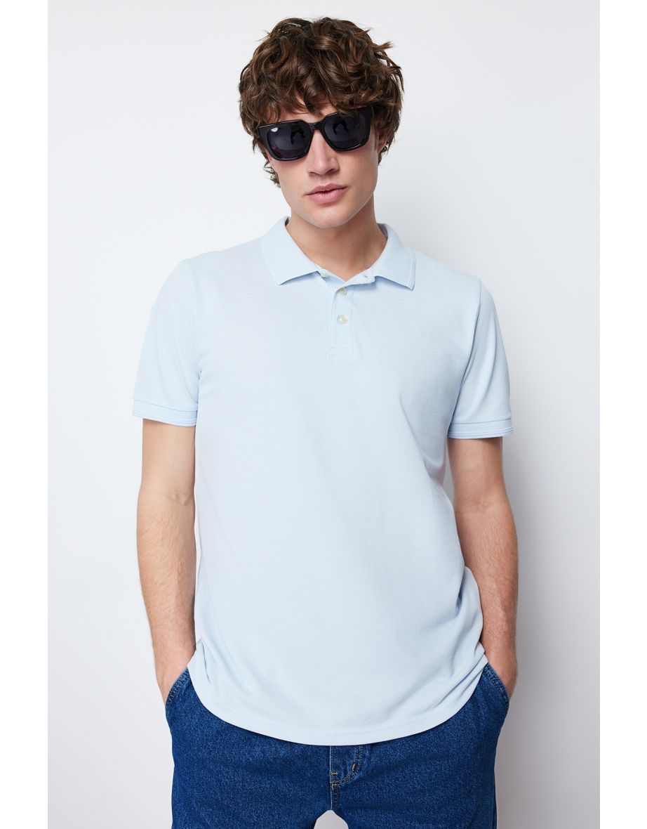 Blue Men's Slim Short Sleeved 100% Cotton Polo Collar T-shirt