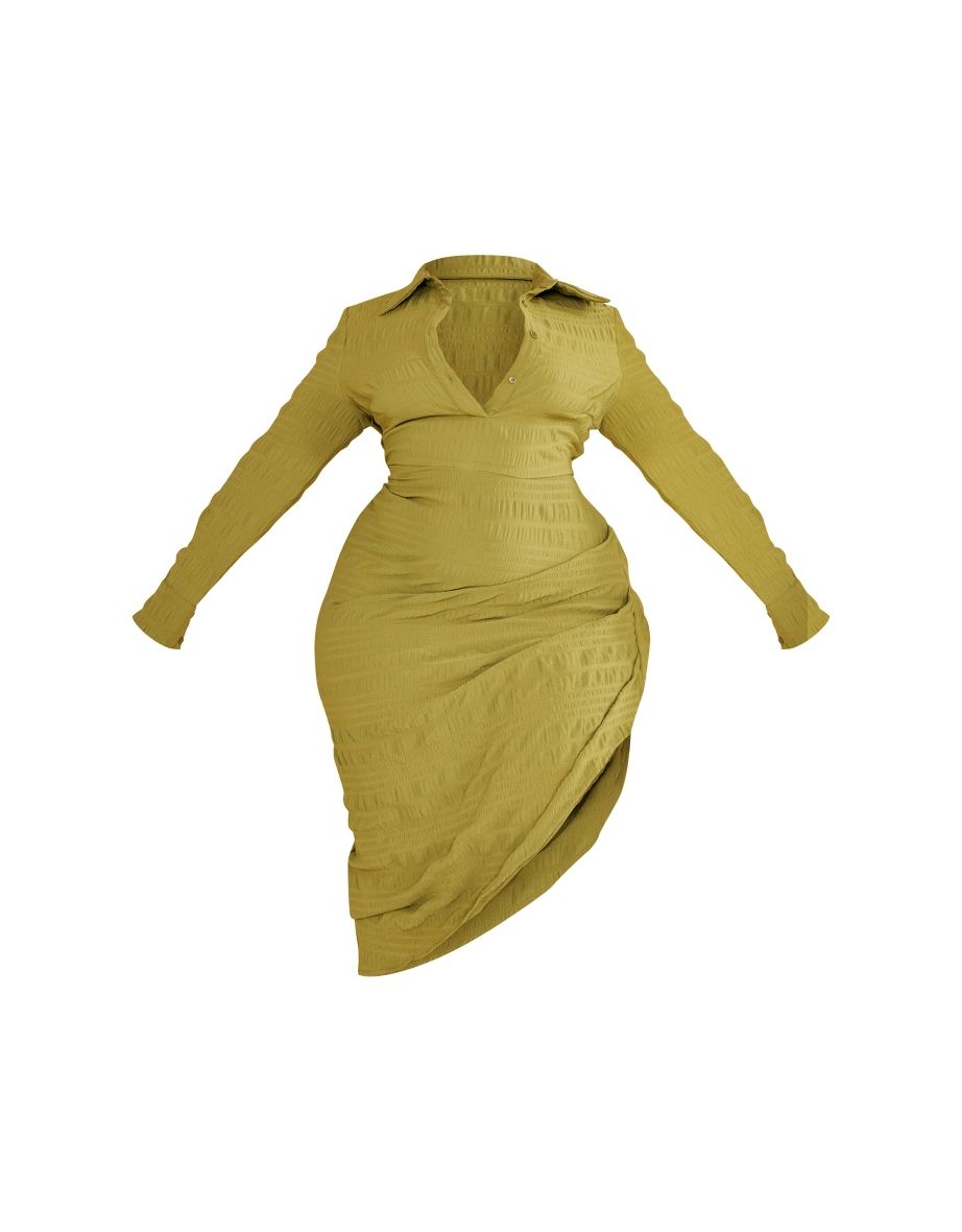 Plus Olive Textured Ruched Side Midi Shirt Dress - 4