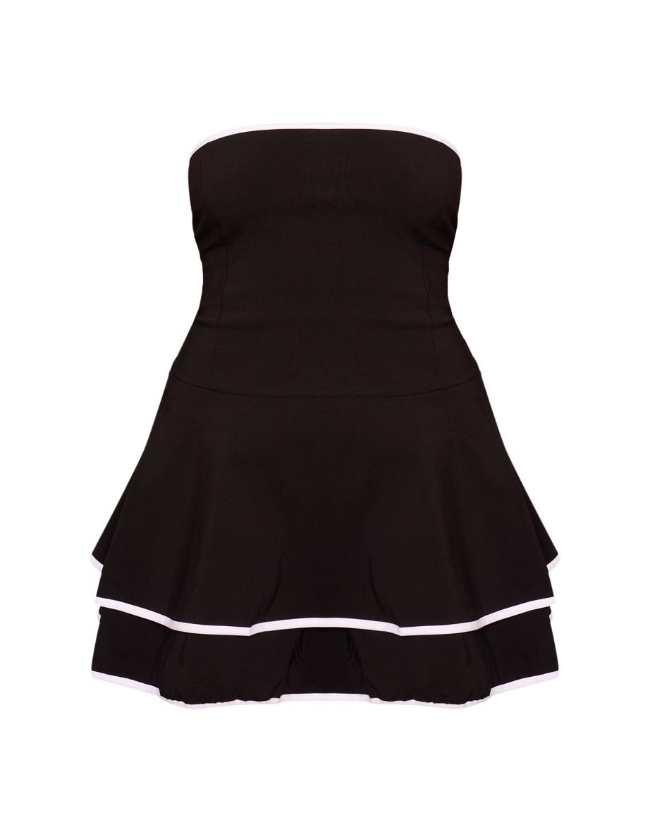 Black Stretch Woven Contrast Tiered Dress - 4