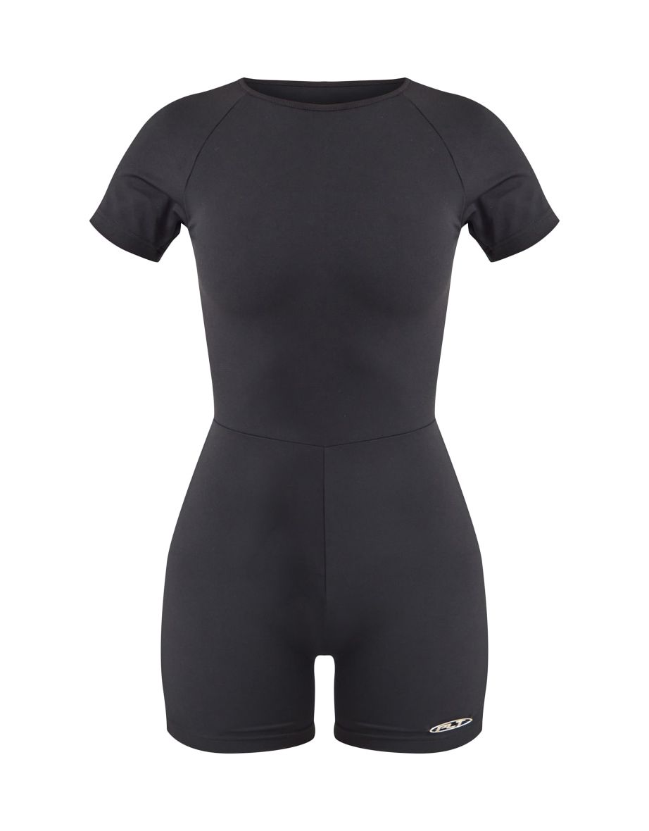 PRETTYLITTLETHING Black Sport Sculpt Metal Badge Short Unitard - 4