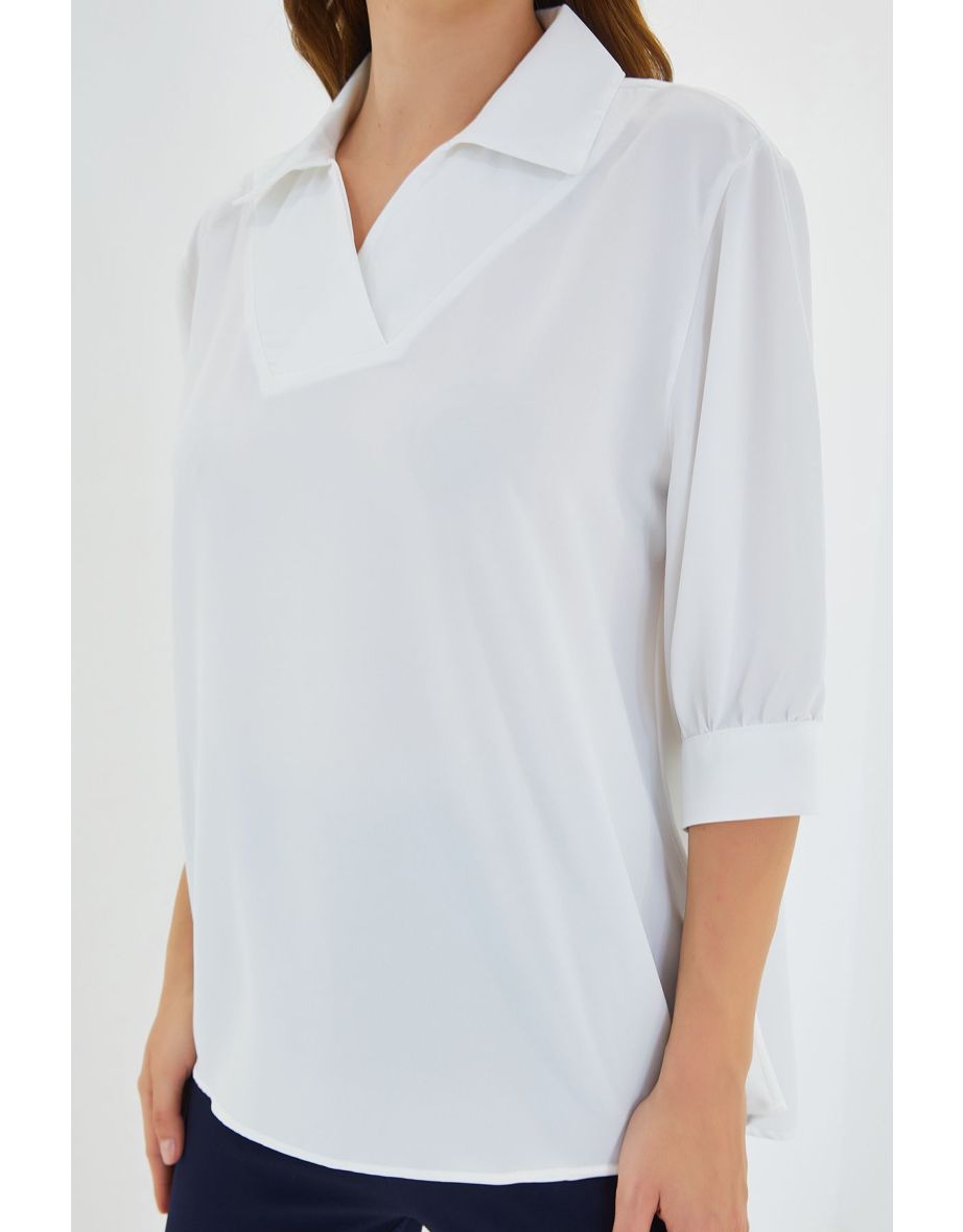 Women's White Shirt Collar Satin Blouse - 4