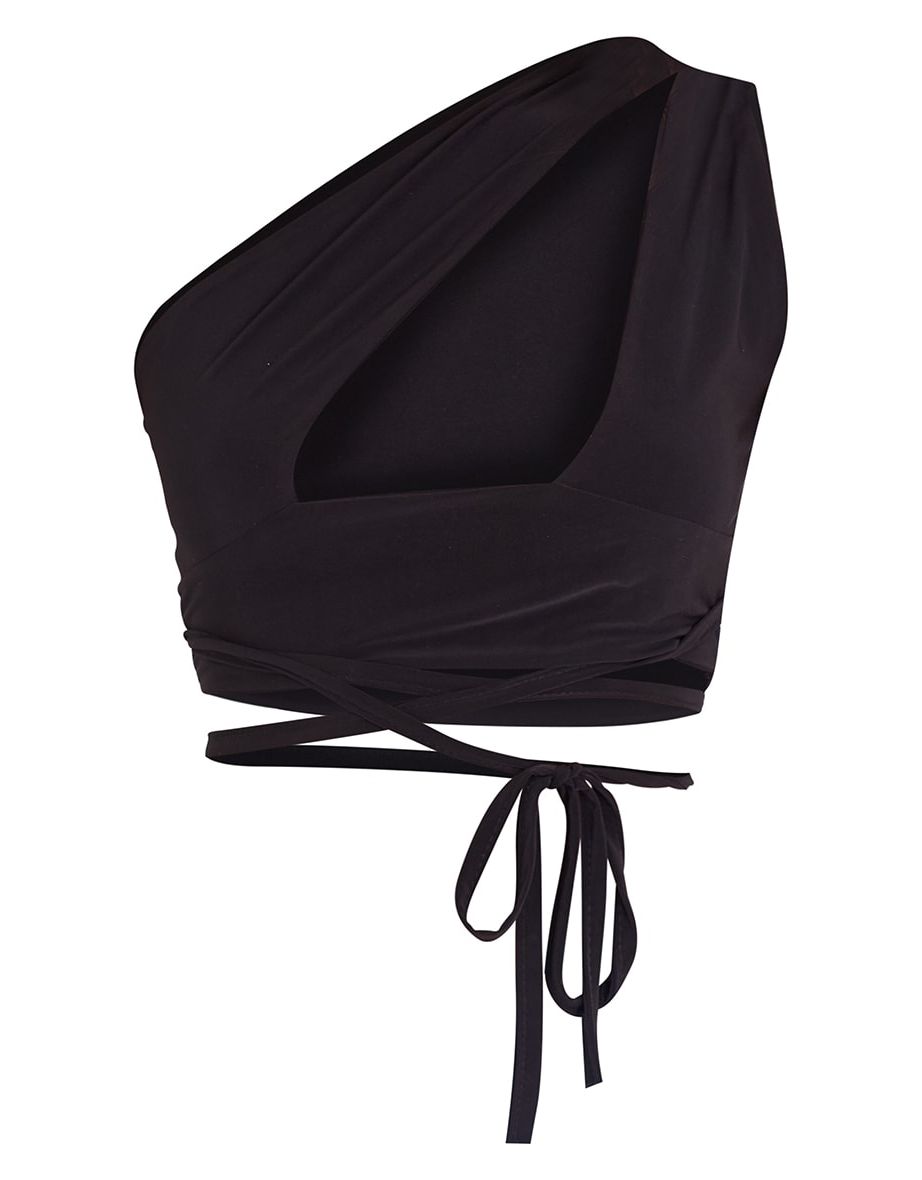 Black Slinky One Shoulder Cut Out Tie Waist Crop Top - 4