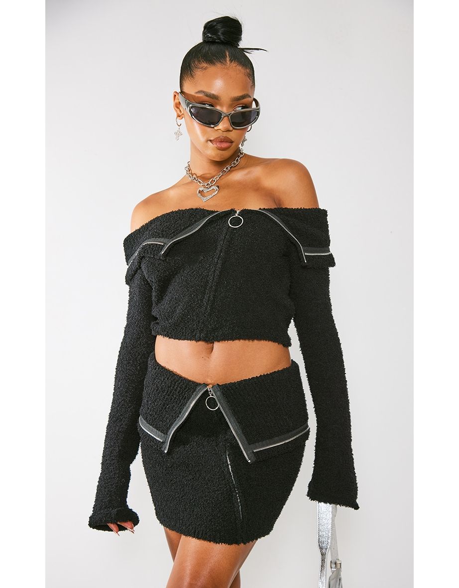 Black Fluffy Knit Fold Over Zipped Crop Jacket