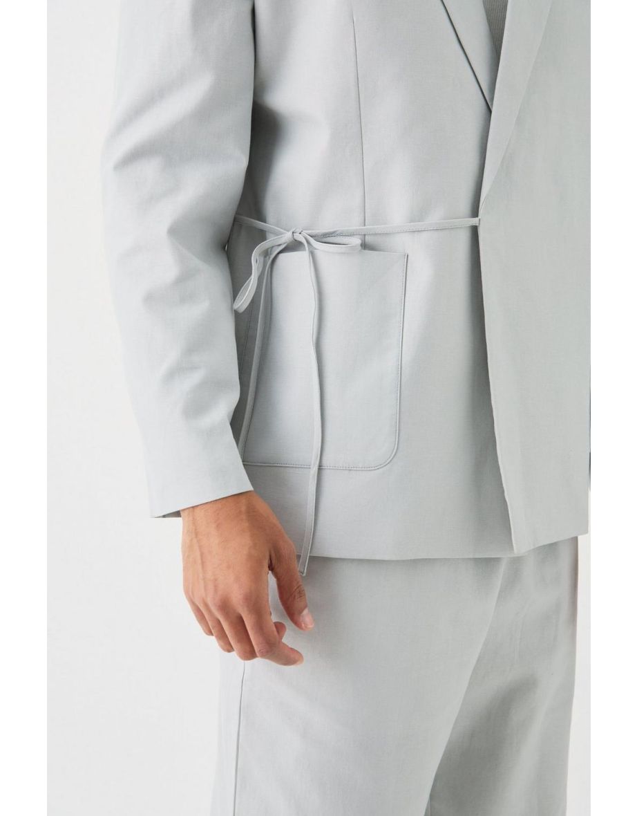 Relaxed Fit Tie Front Linen Blazer In Grey - grey - 2