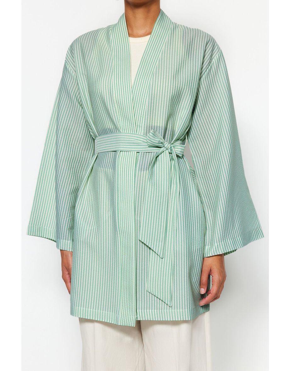 Weave See-through Striped Kimono & Kaftan with Mint Belt - 7