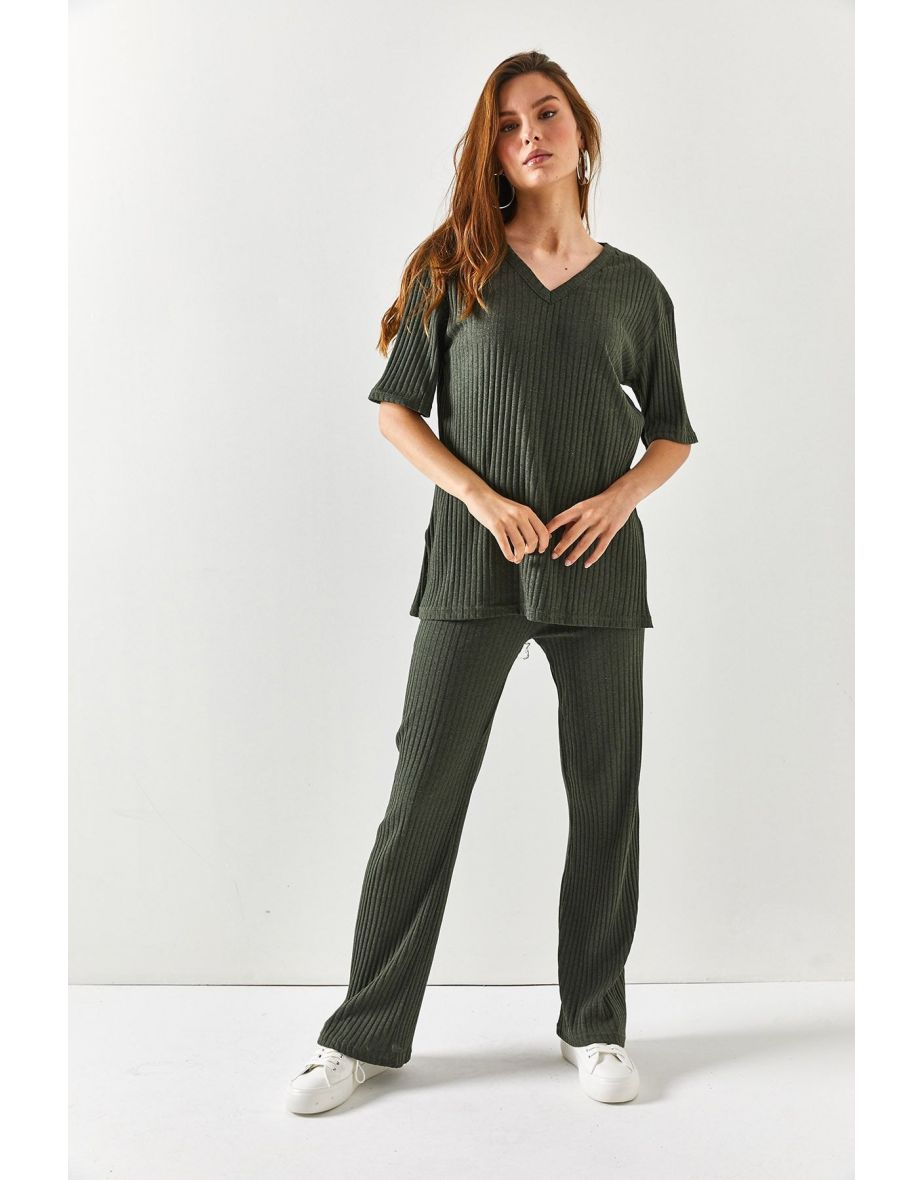 Women's Khaki Top V-neck Lower Palazzo Corduroy Suit