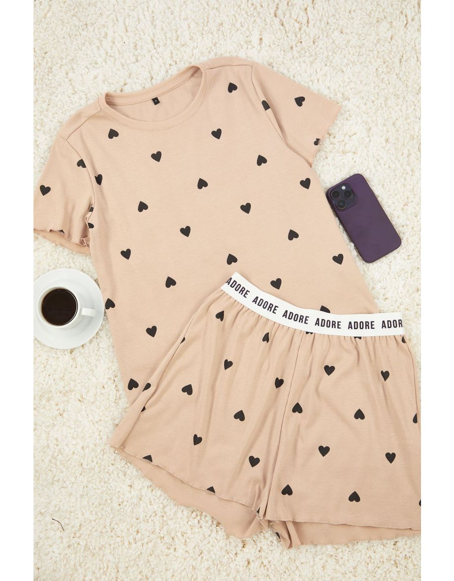Beige Heart Slogan Printed Rubber Detailed Corded Knitted Pajama Set - 5