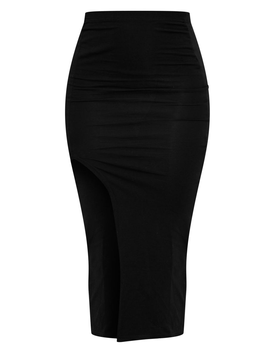 Black Cotton Low Rise Thigh Split Midi Skirt - 4