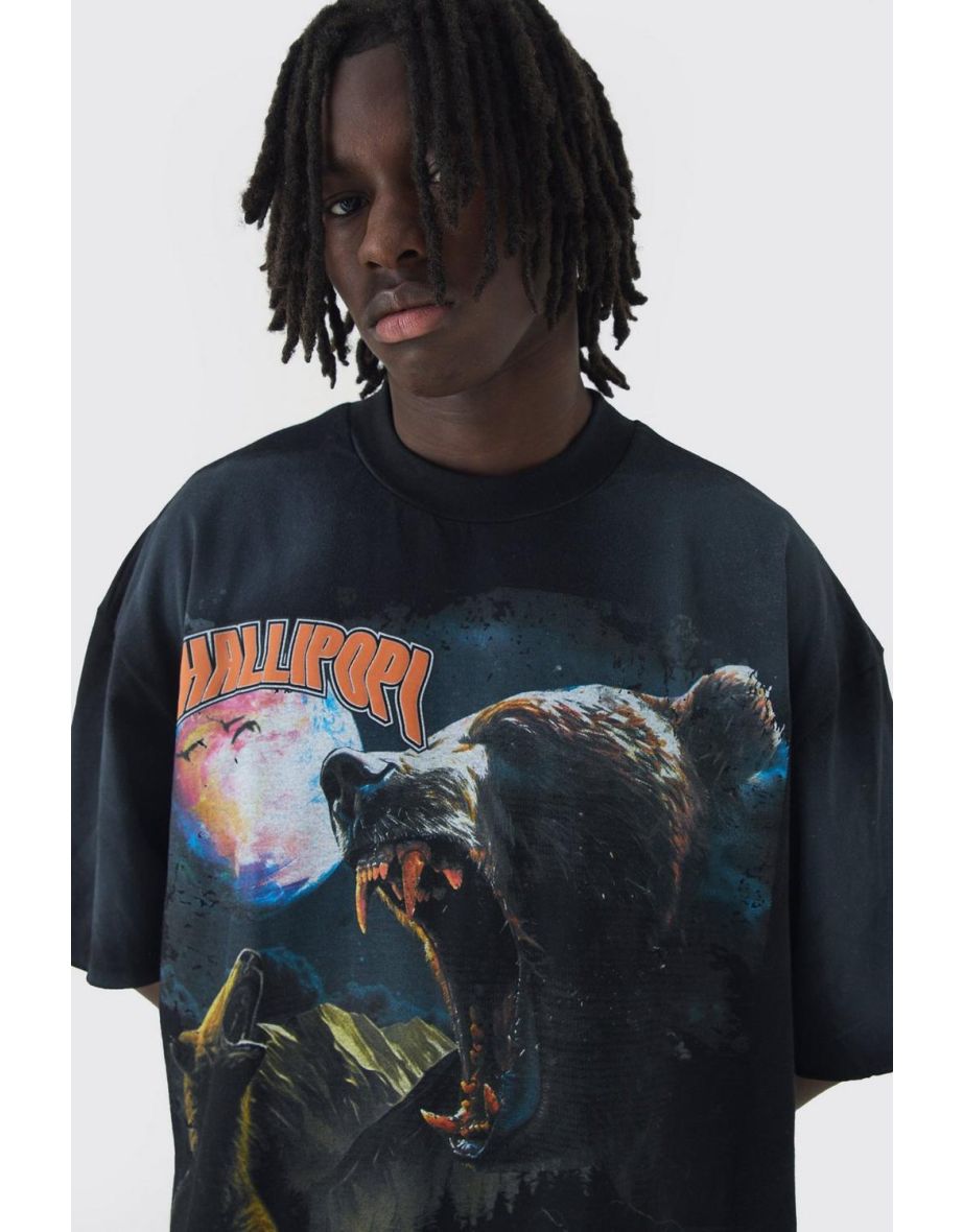 Oversized Extended Neck Bear Washed T-shirt - black - 2