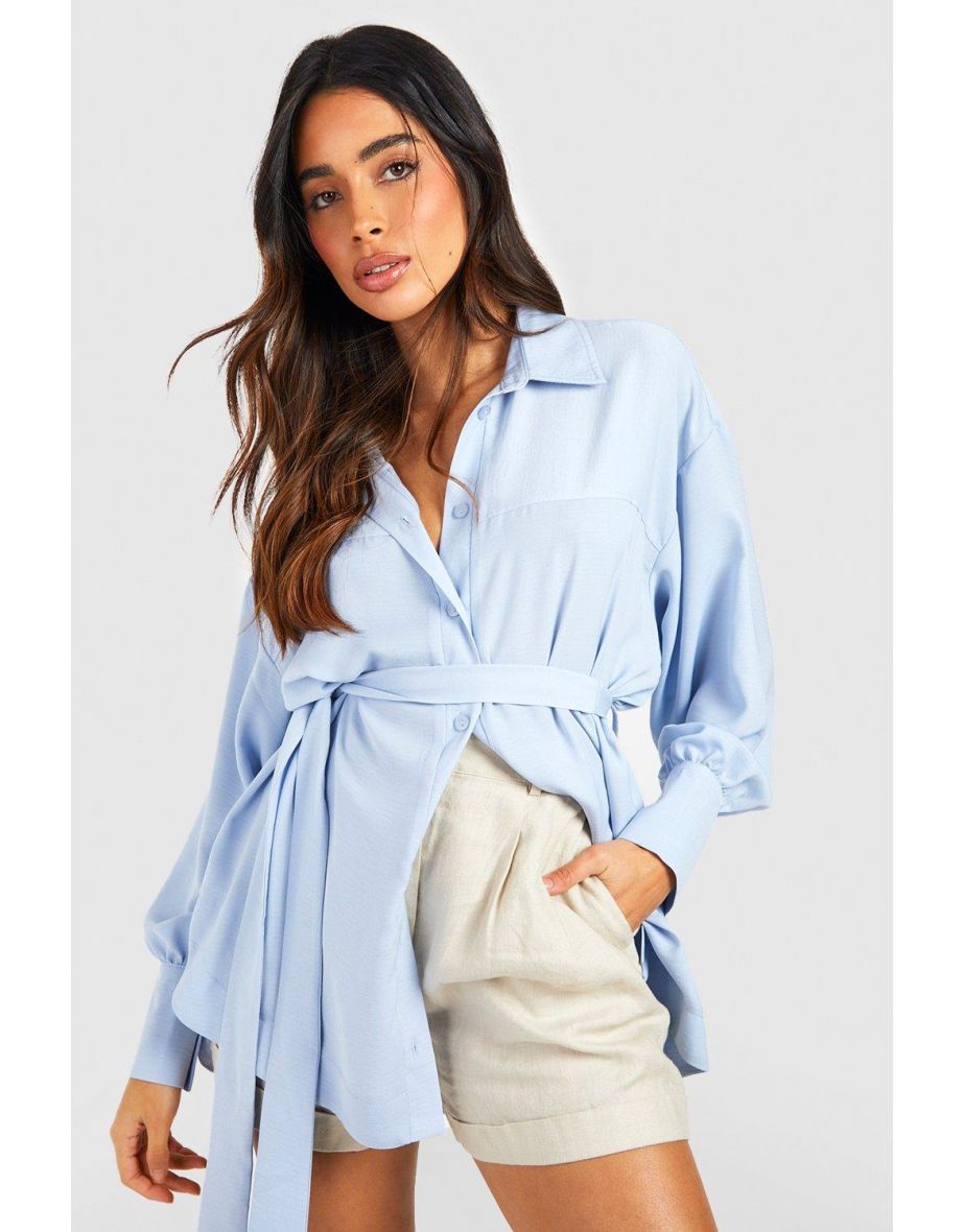 Textured Linen Look Twill Belted Drop Shoulder Slouch Shirt - blue