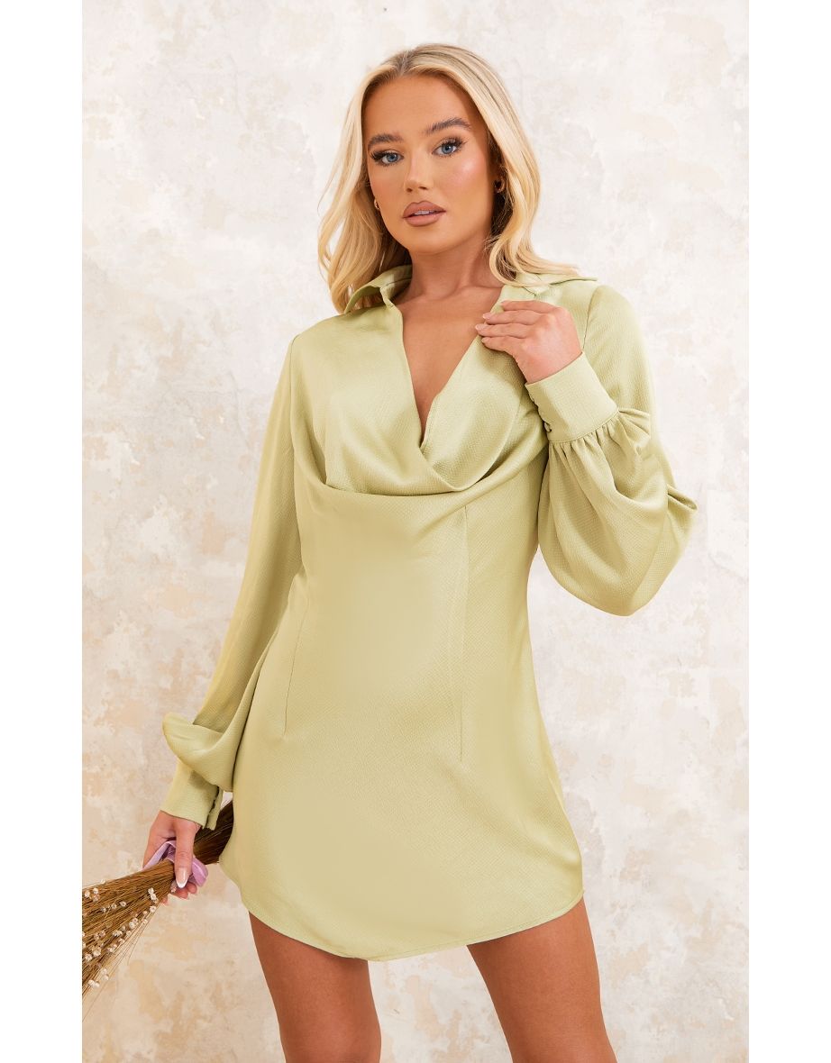 Sage Textured Satin Cowl Neck Collared Shirt Dress