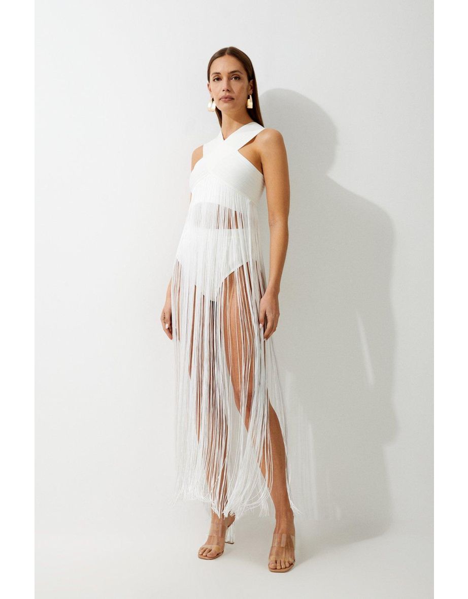 Bandage V Neck Cut Out Fringed Bikini Top