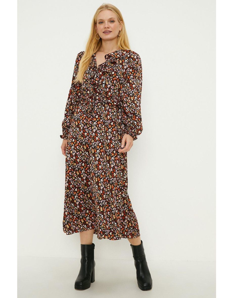Multi Animal Ruffle Detail Midi Dress