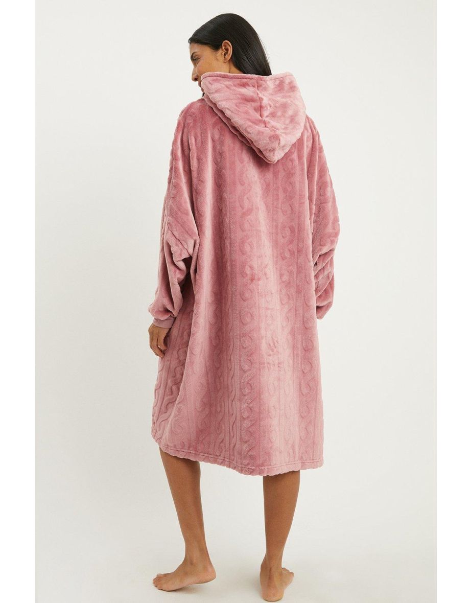 Cable Knit Burnout Fleece Long Line Snuggle Hoodie - dusky pink - 2