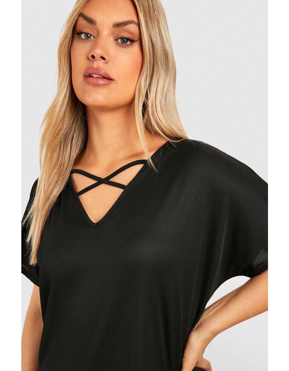 Plus Rib Cross Detail T-shirt Dress - black - 3