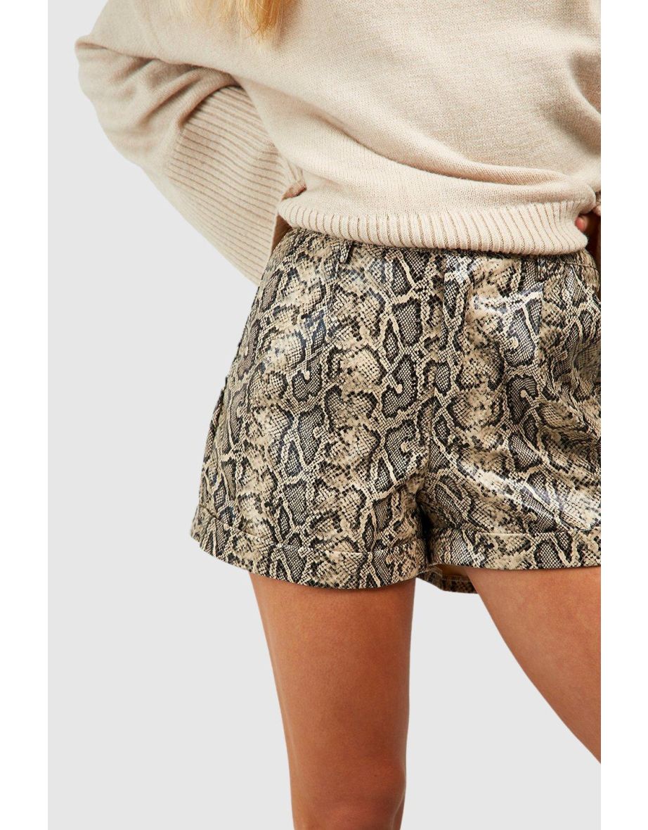 Faux Leather High Wait Snake Print Shorts - grey - 3