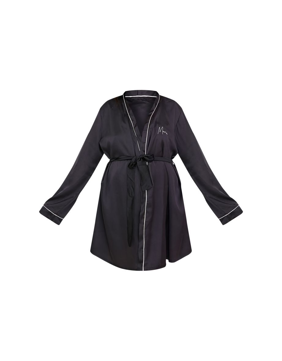 Maternity Black Embroidered Mama Satin Tie Waist Robe - 4