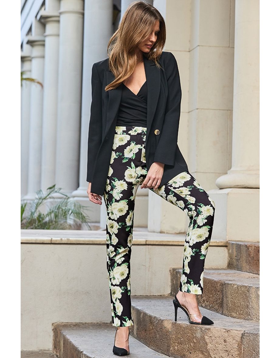 Black & Ivory Floral Print Tapered Trousers - 4