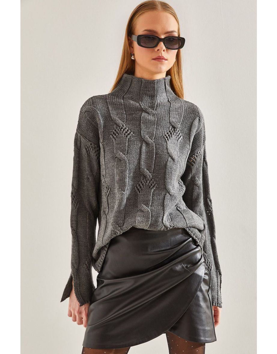 Women's Half Turtleneck Hair Knitted Patterned Knitwear Sweater
