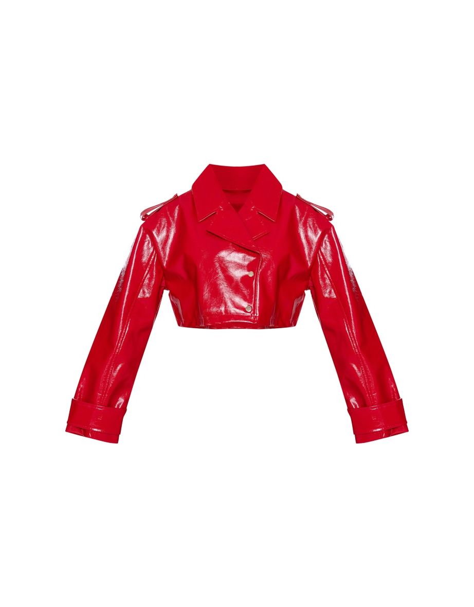 Bright Red Patent Faux Leather Cropped jacket - 4