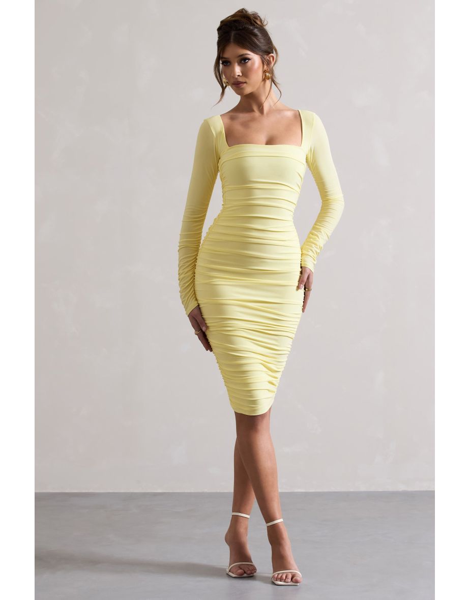 Seductress | Yellow Long Sleeve Square Neck Ruched Midi Dress