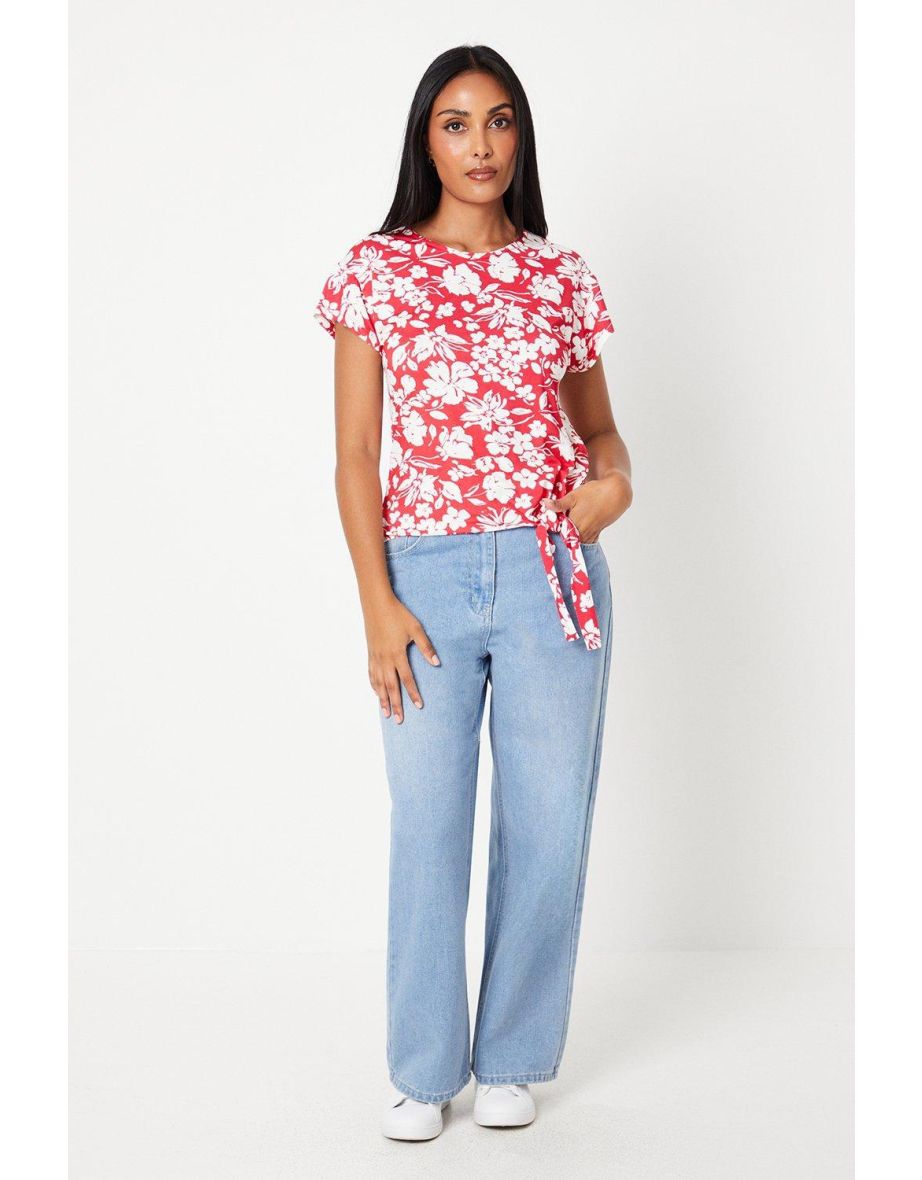 Petite Pink Floral Tie Side Jersey T-shirt