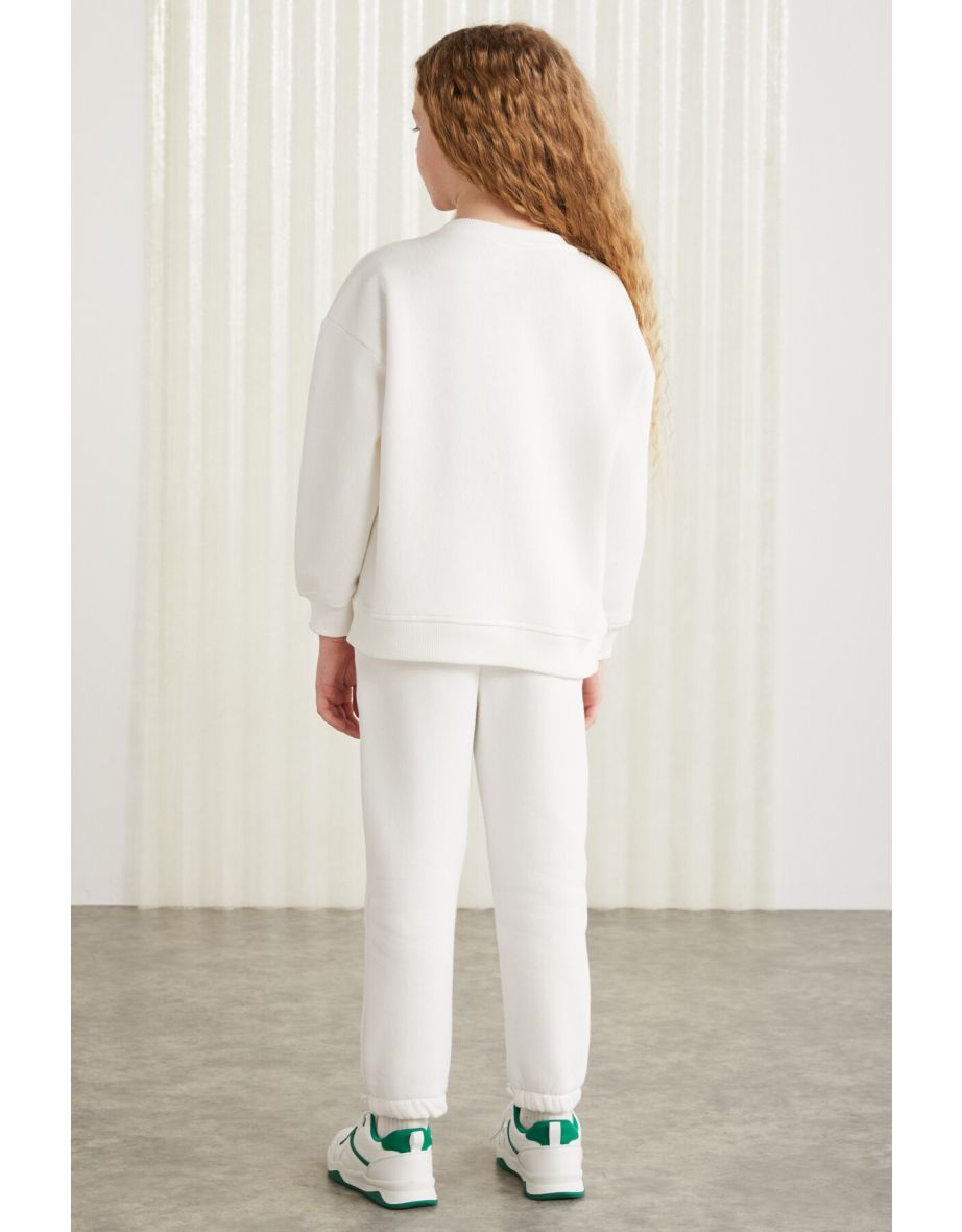 75% Cotton 25% Polyester Girls Embroidery Sweat Jogger Set Ecru Two Piece Set - 5