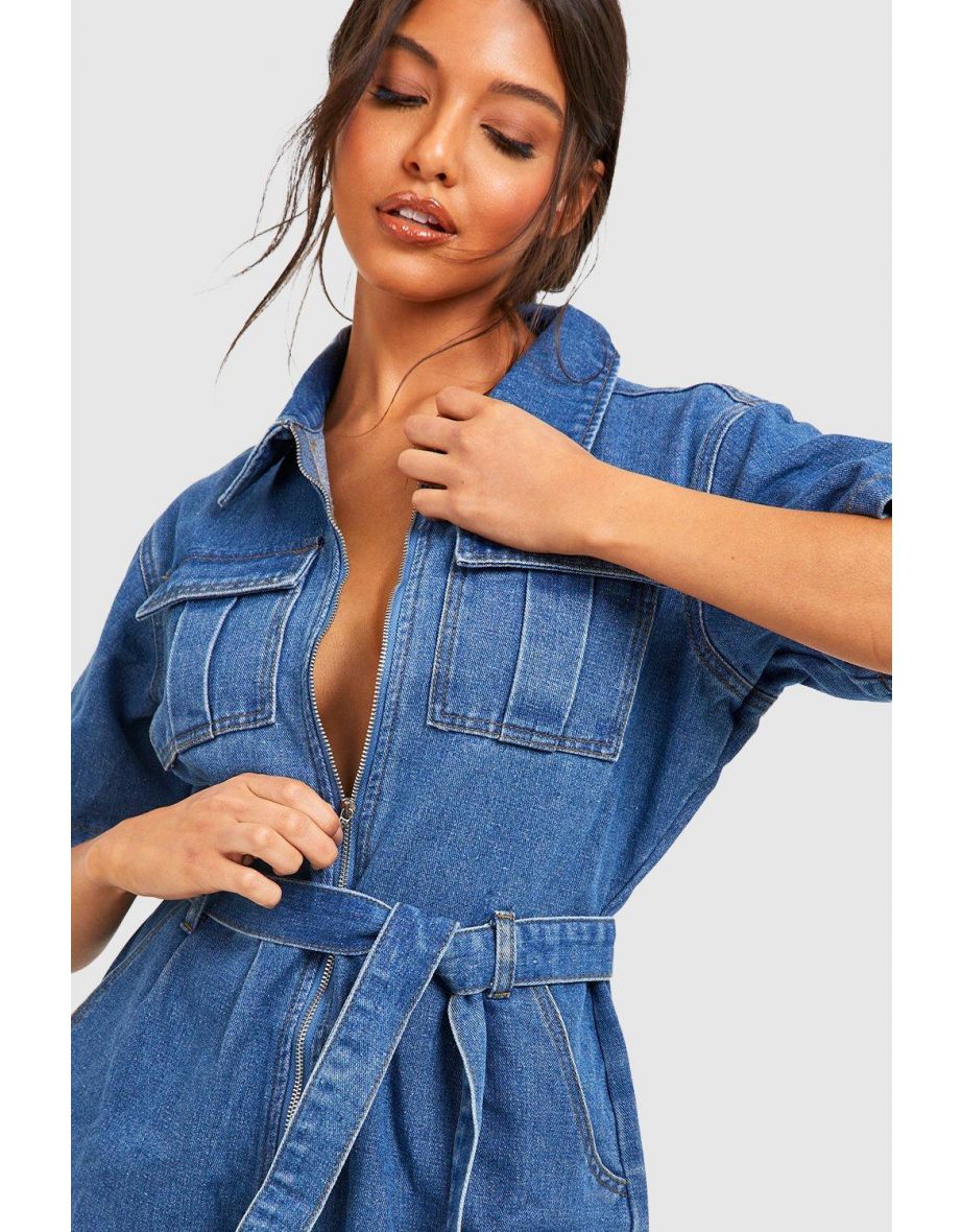 Belted Cargo Denim Playsuit - mid blue - 3