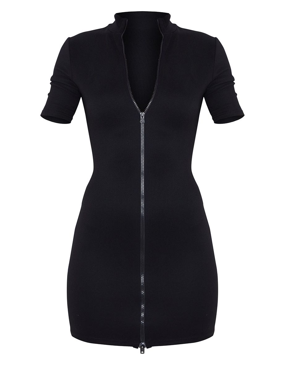 Black Zip Front Rib Short Sleeve Bodycon Dress - 2