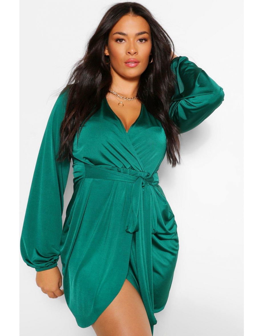 Plus Disco Slinky Belted Wrap Dress - emerald