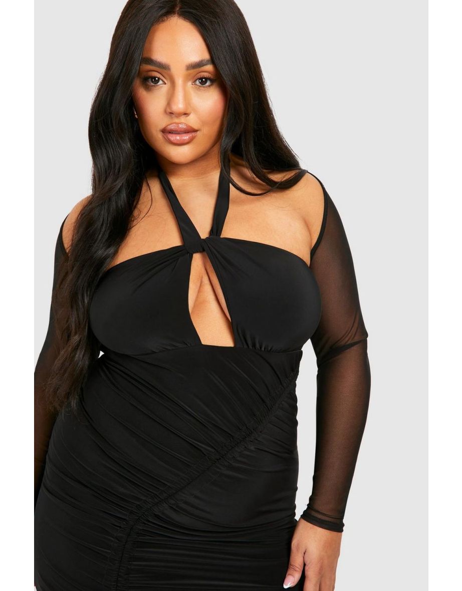 Plus Mesh Sleeve Double Slinky Bodycon Dress - black - 3